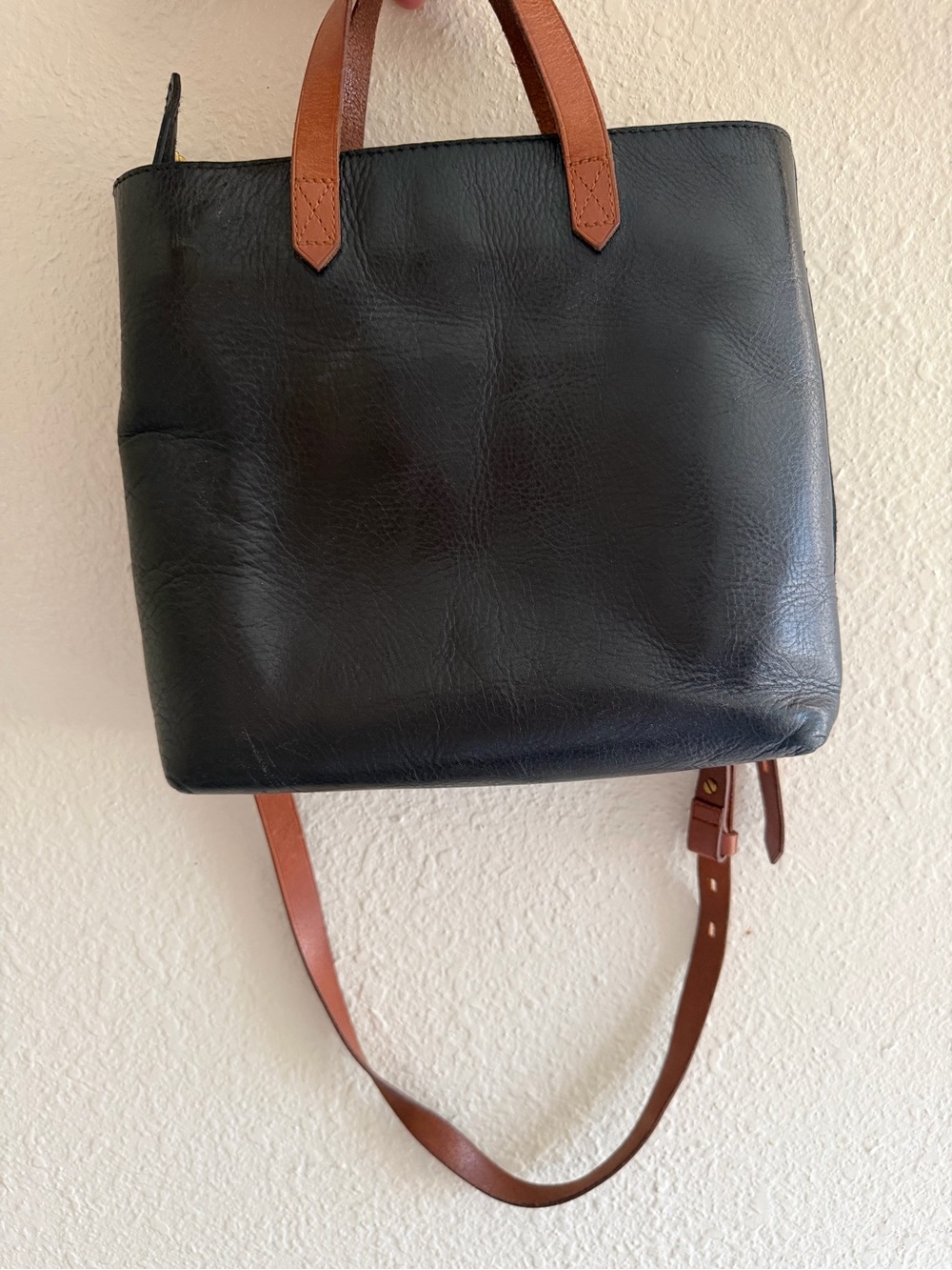 Madewell Black Leather Crossbody Tote with Brown Handles